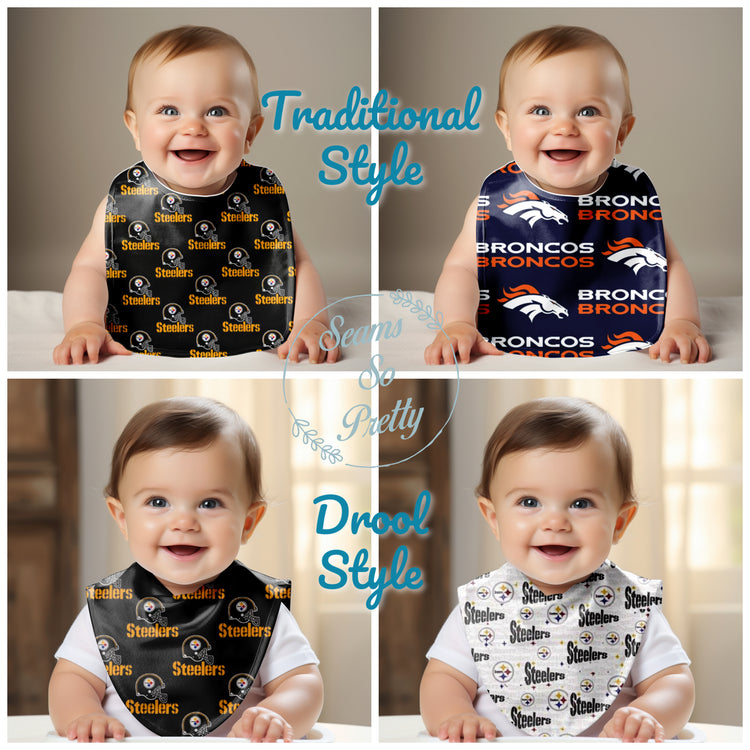 Smiling babies wearing samples of traditional and drool bibs