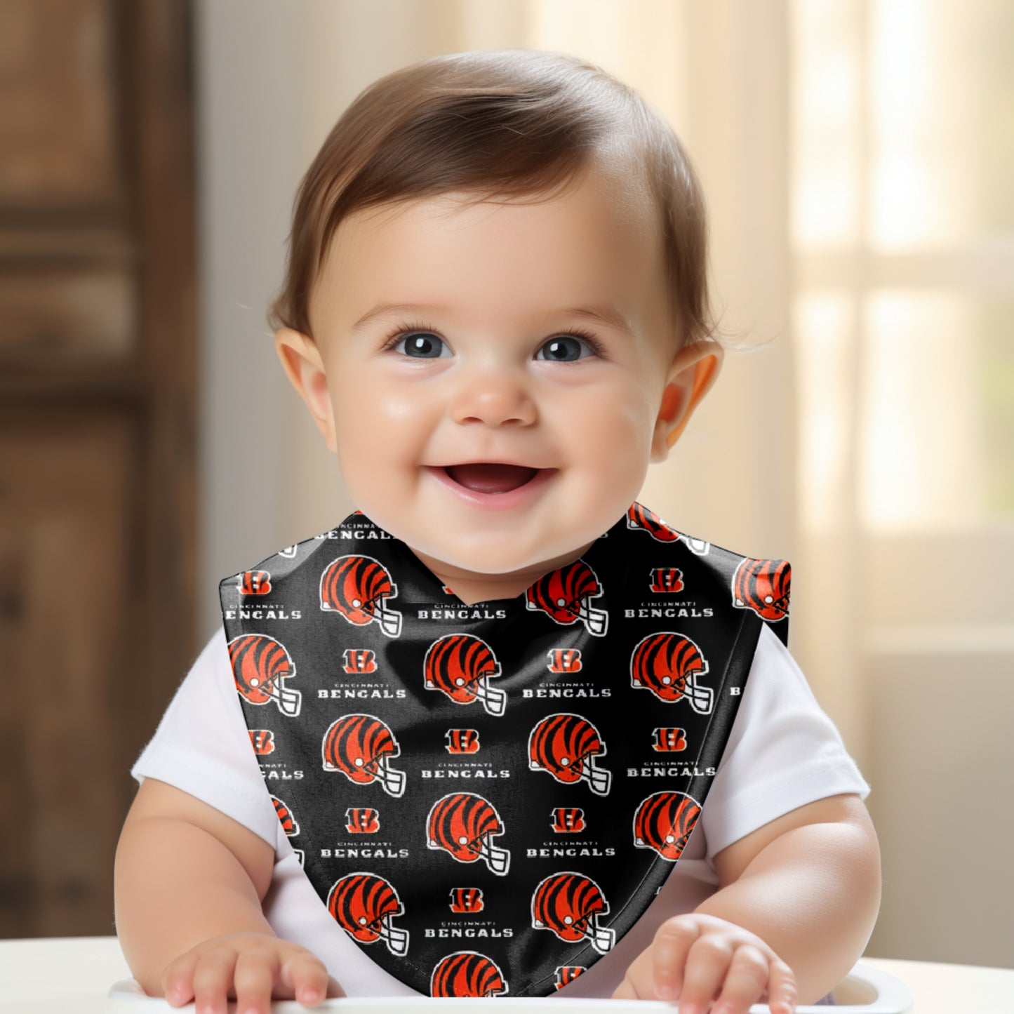 Smiling Baby wearing Cincinnati Bengals Bib