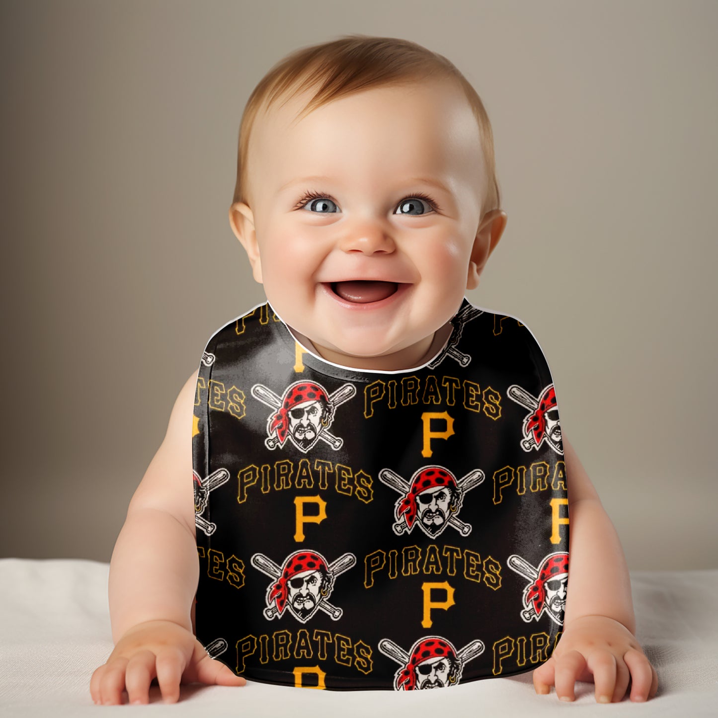 Smiling baby wearing Pittsburgh Pirates Bib