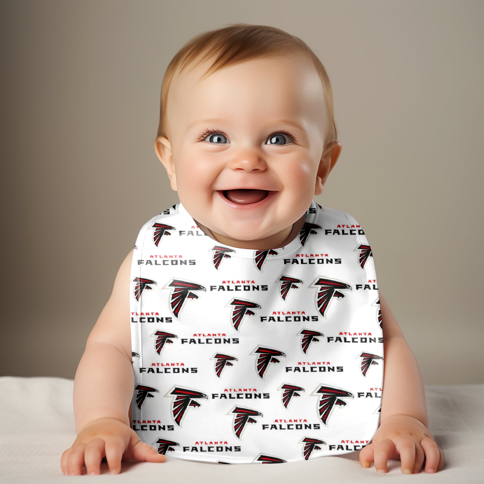 Smiling Baby Wearing Traditional Atlanta Falcons Bib
