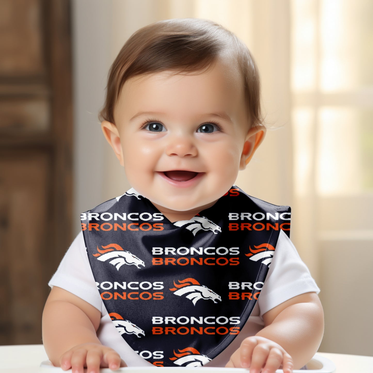 Smiling Baby wearing Denver Broncos Bib