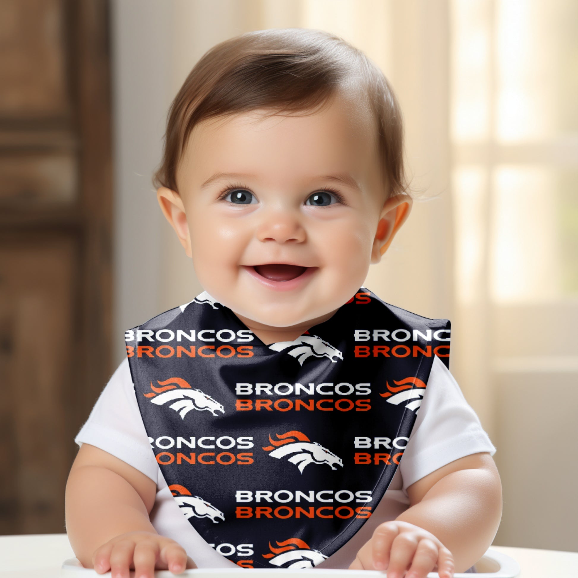 Smiling Baby wearing Denver Broncos Bib