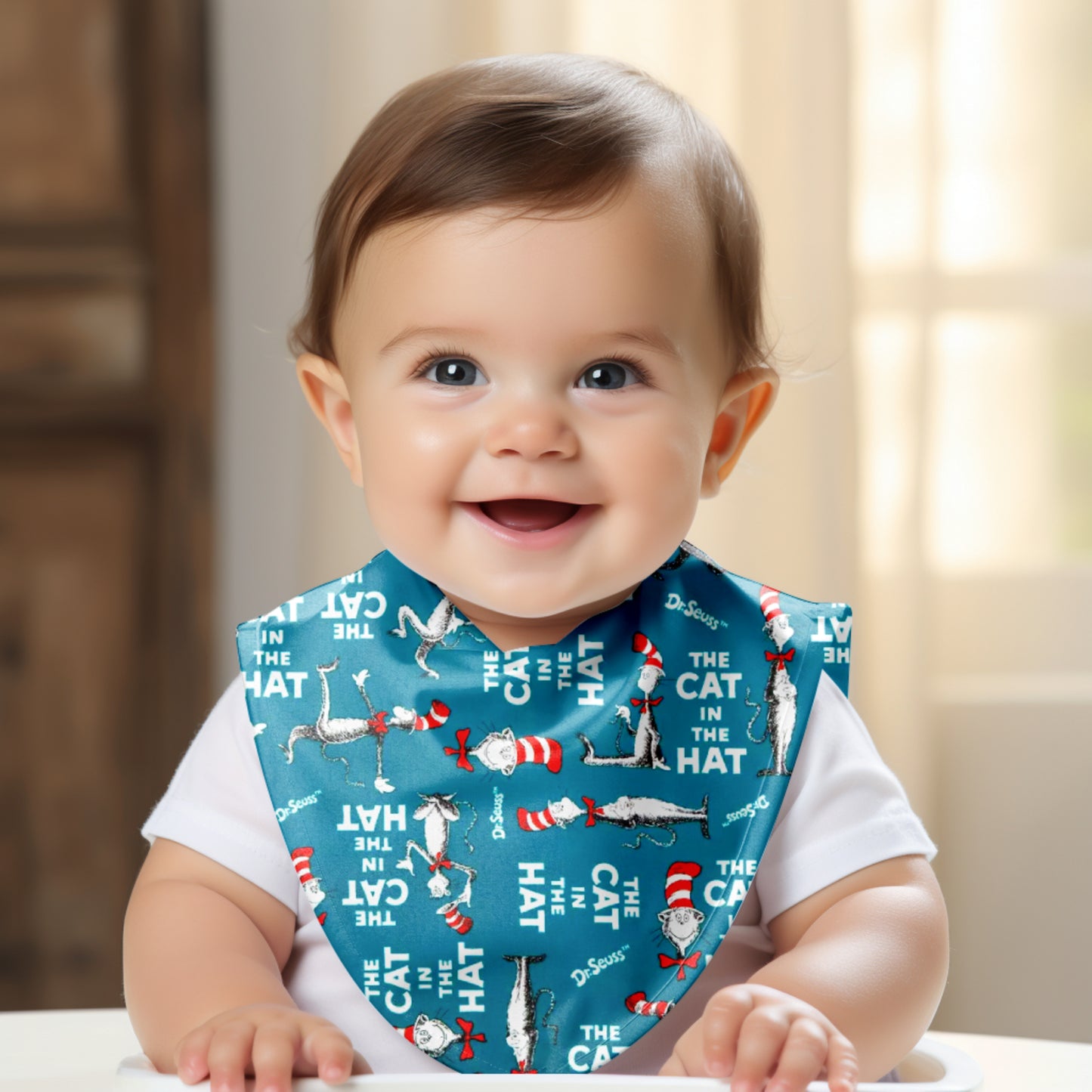 Smiling Baby Wearing Cat In The Hat Bandana Bib