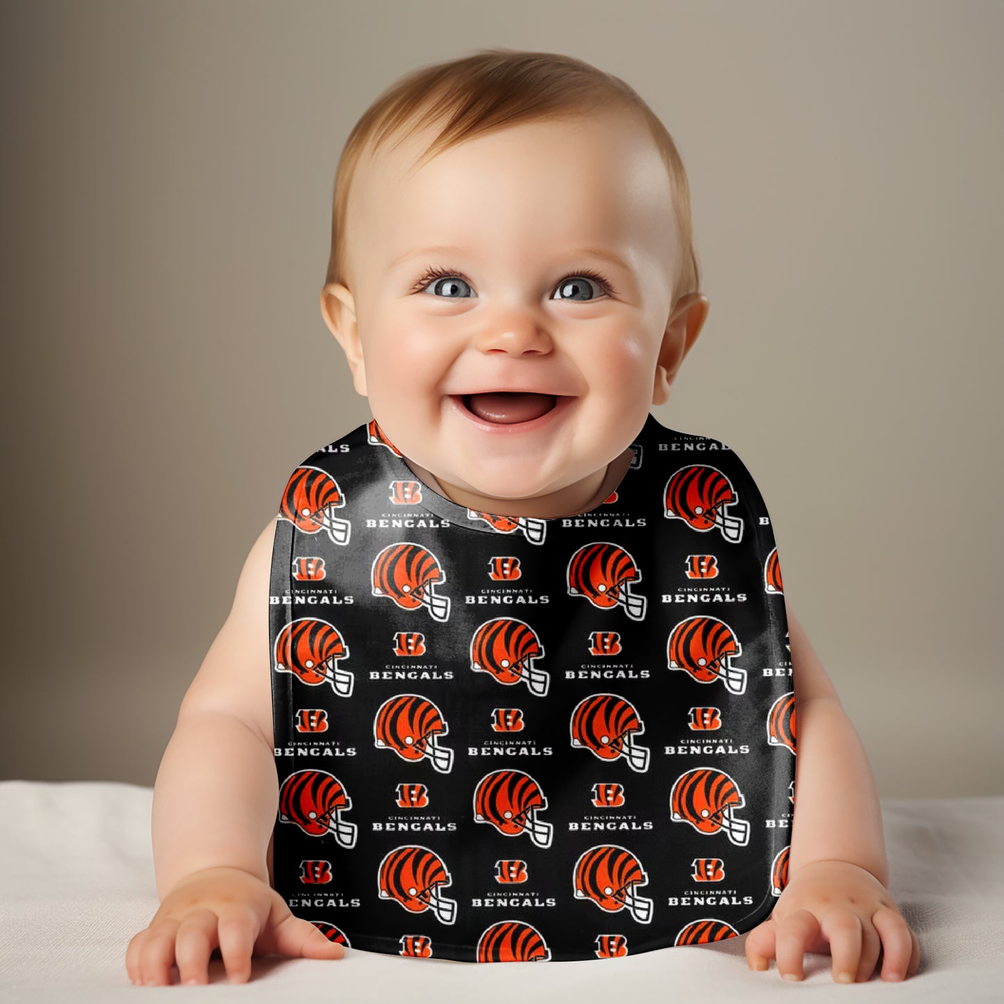 Smiling Baby wearing Cincinnati Bengals Traditional Bib