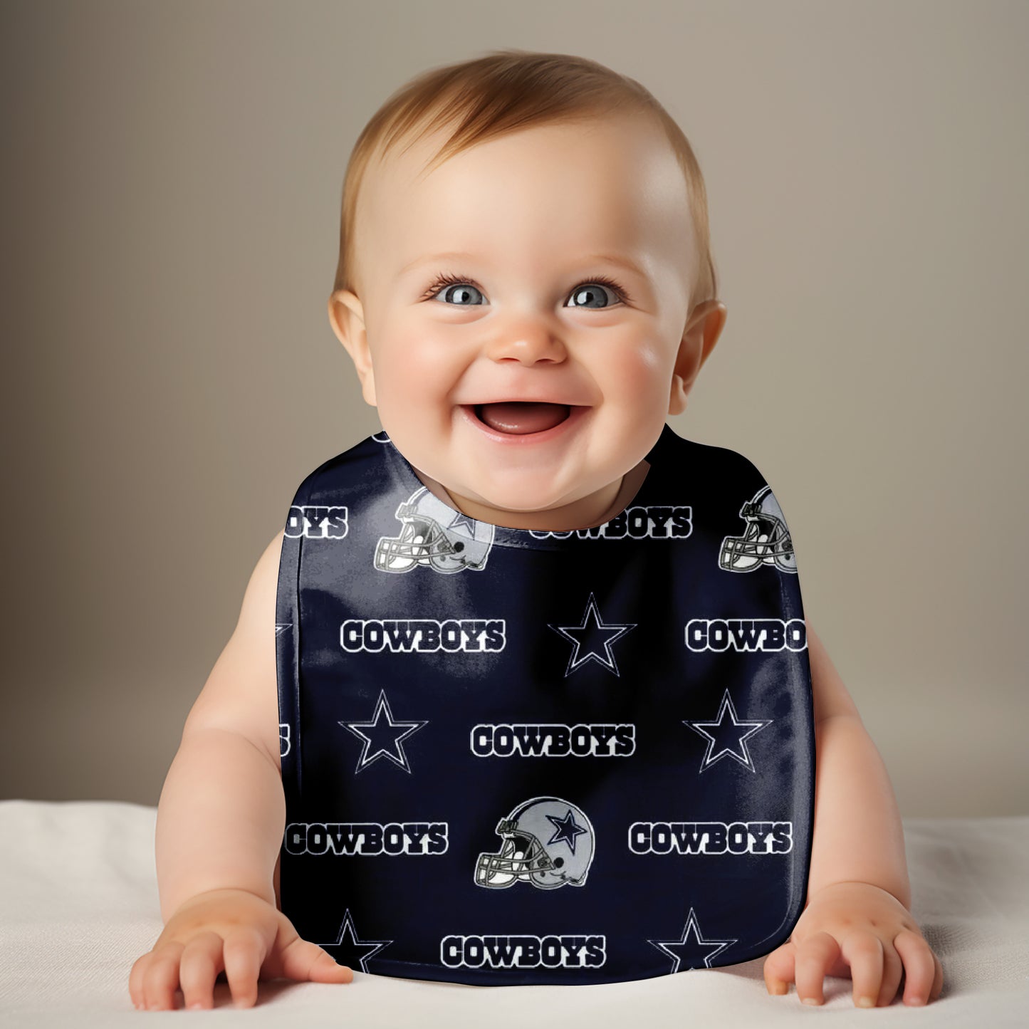 Smiling Baby Wearing Dallas Cowboys Traditional Bib