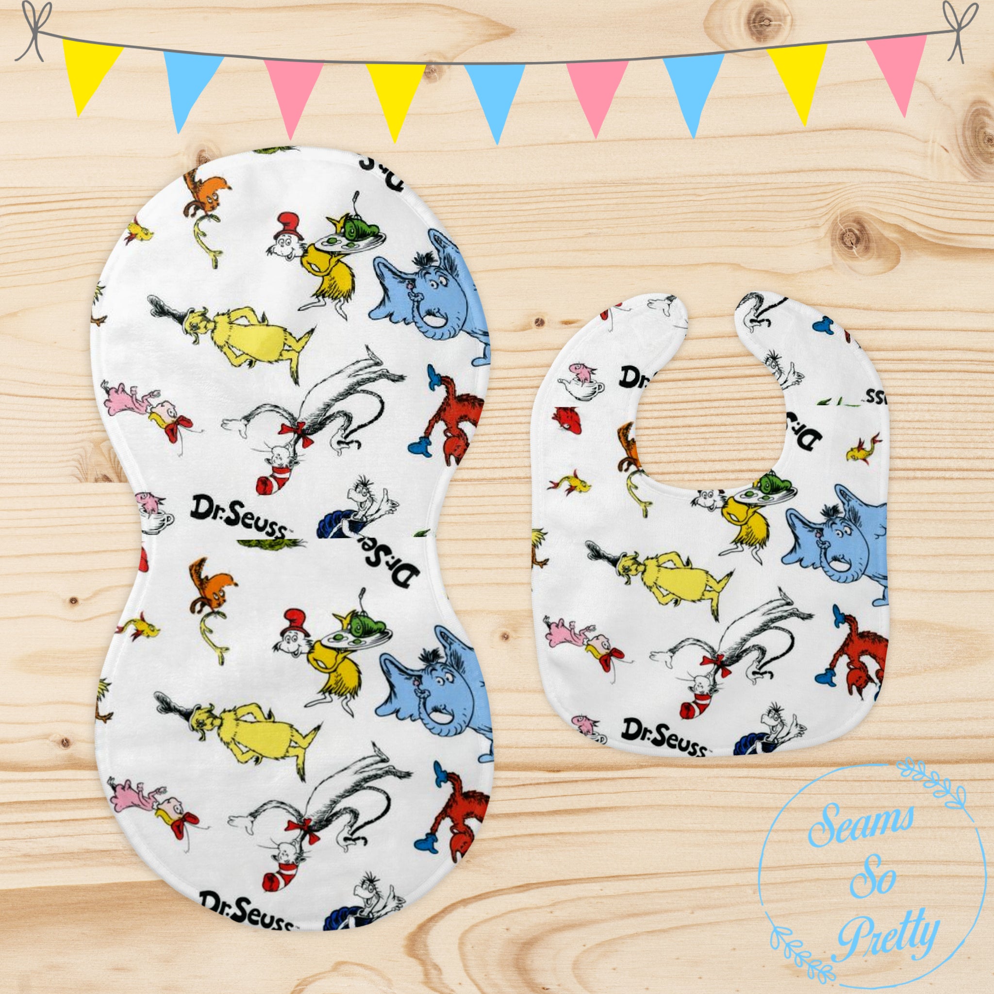 Handmade storybook character baby bib and burp cloth gift set