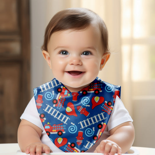 Fire Trucks, Ladders, Hoses, Hydrants and Fireman Hats Bandana Drool Bib, Baby or Toddler