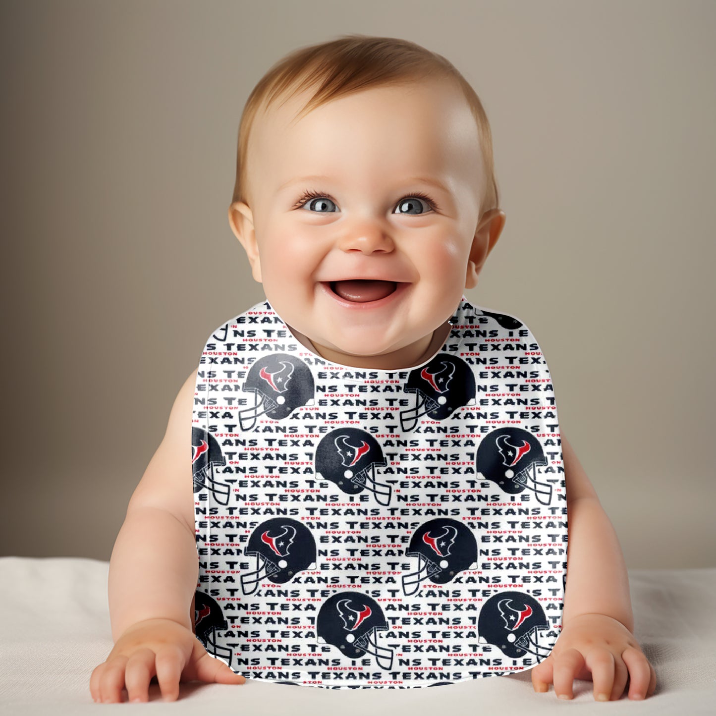 Smiling Baby Wearing Houston Texans Bib