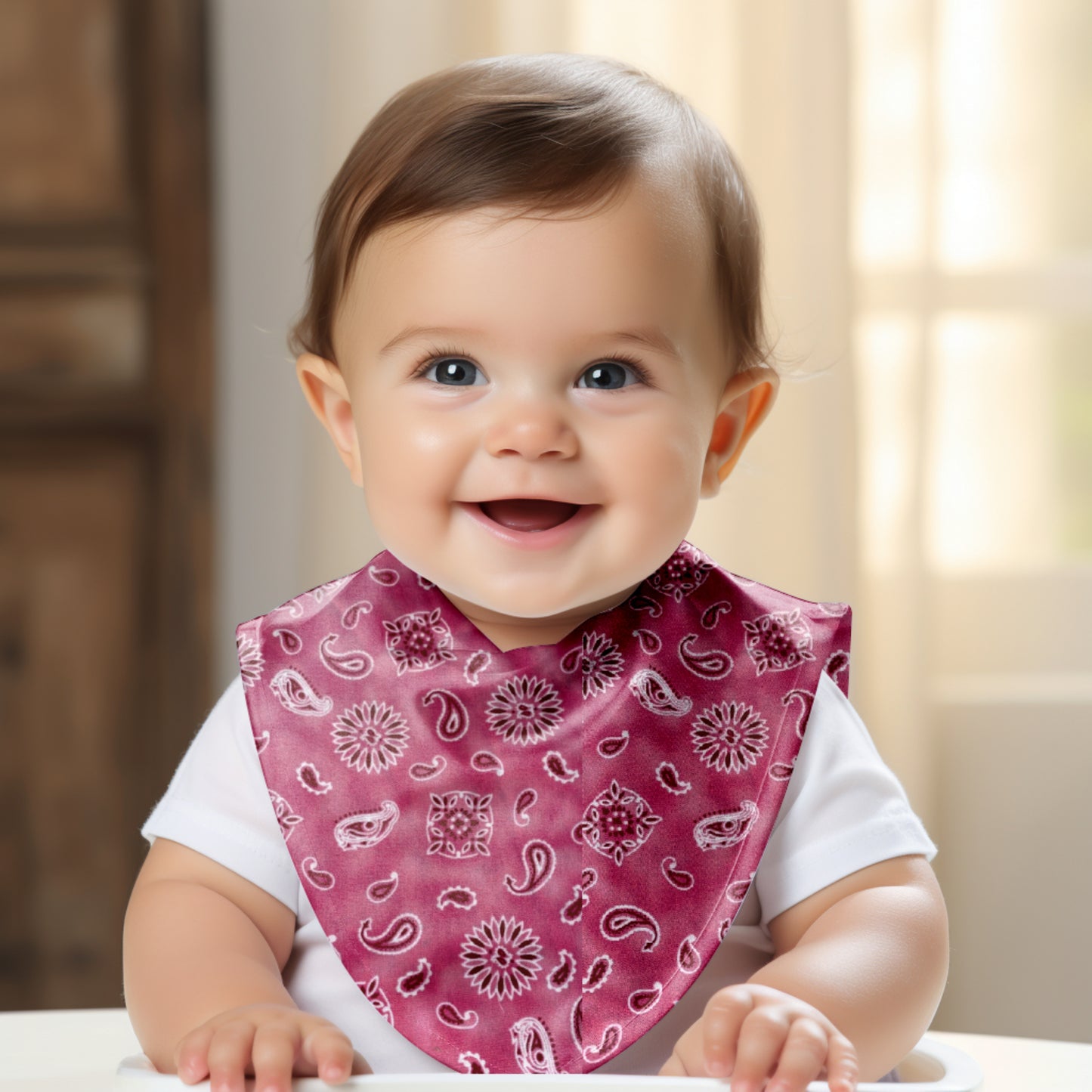 Smiling Baby wearing Pink Paisley Bandana Drool Bib