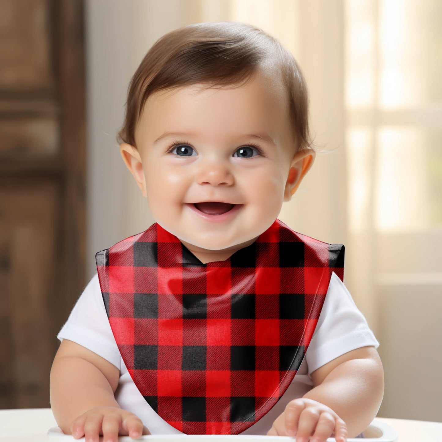Smiling Baby wearing Black and Red Buffalo Check Drool Bib