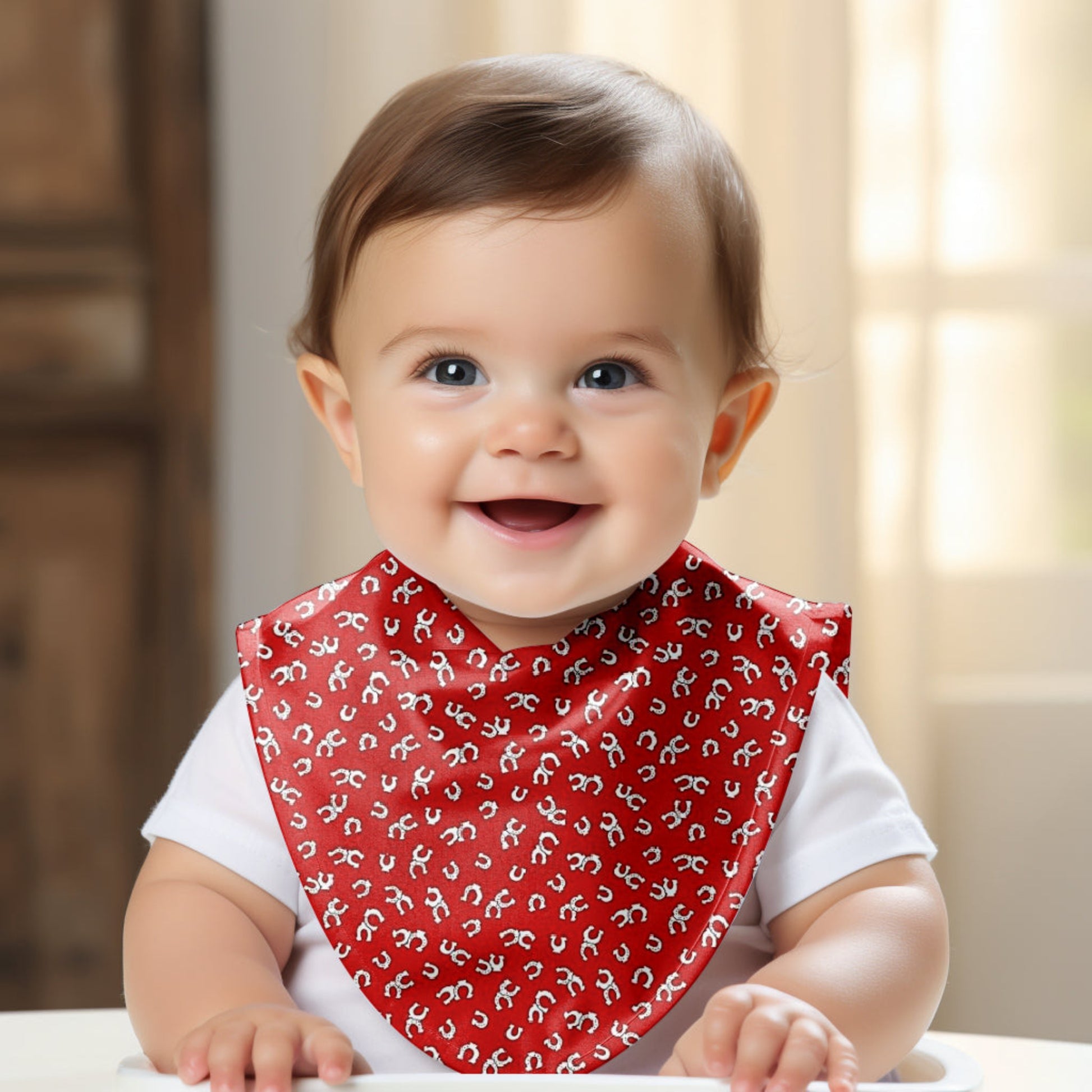 Smiling Baby wearing Red Horseshoe Drool Bib