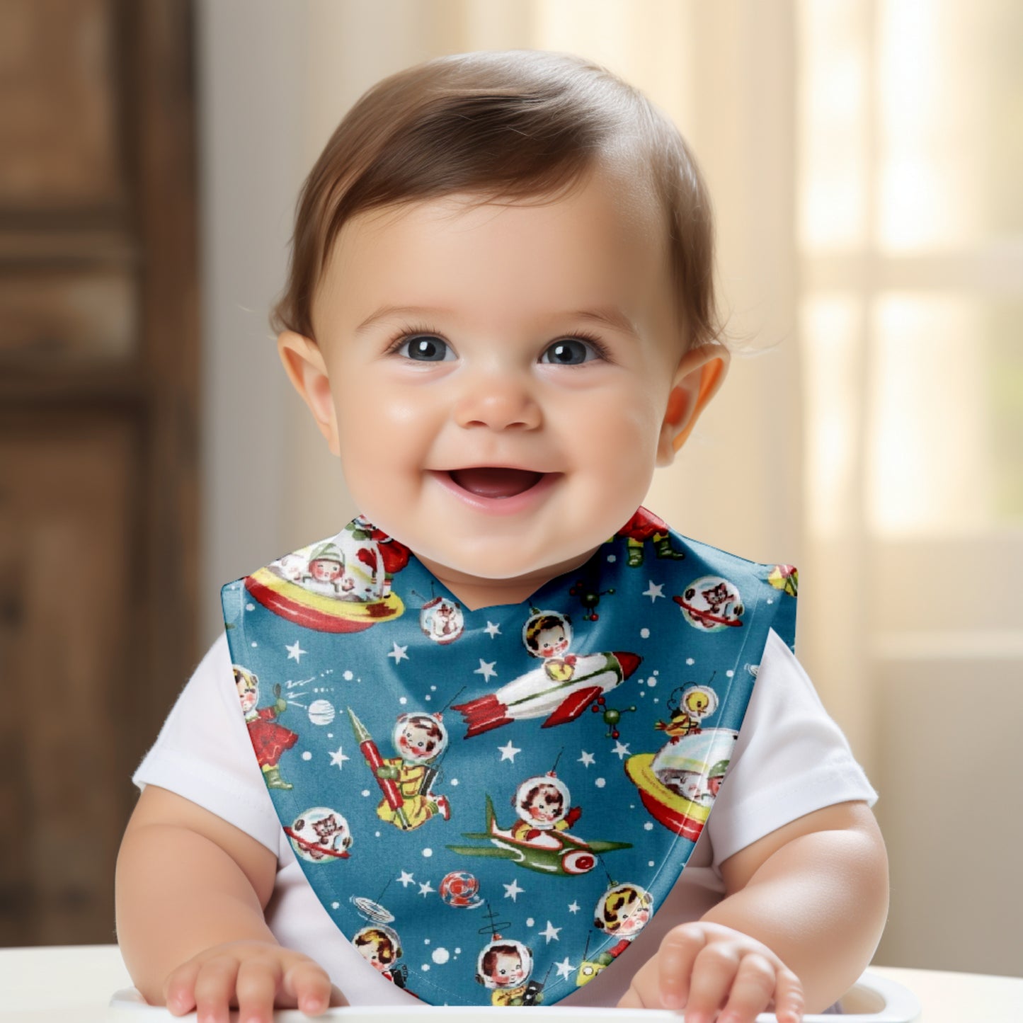 Smiling Baby wearing Retro Rockets Bandana Bib
