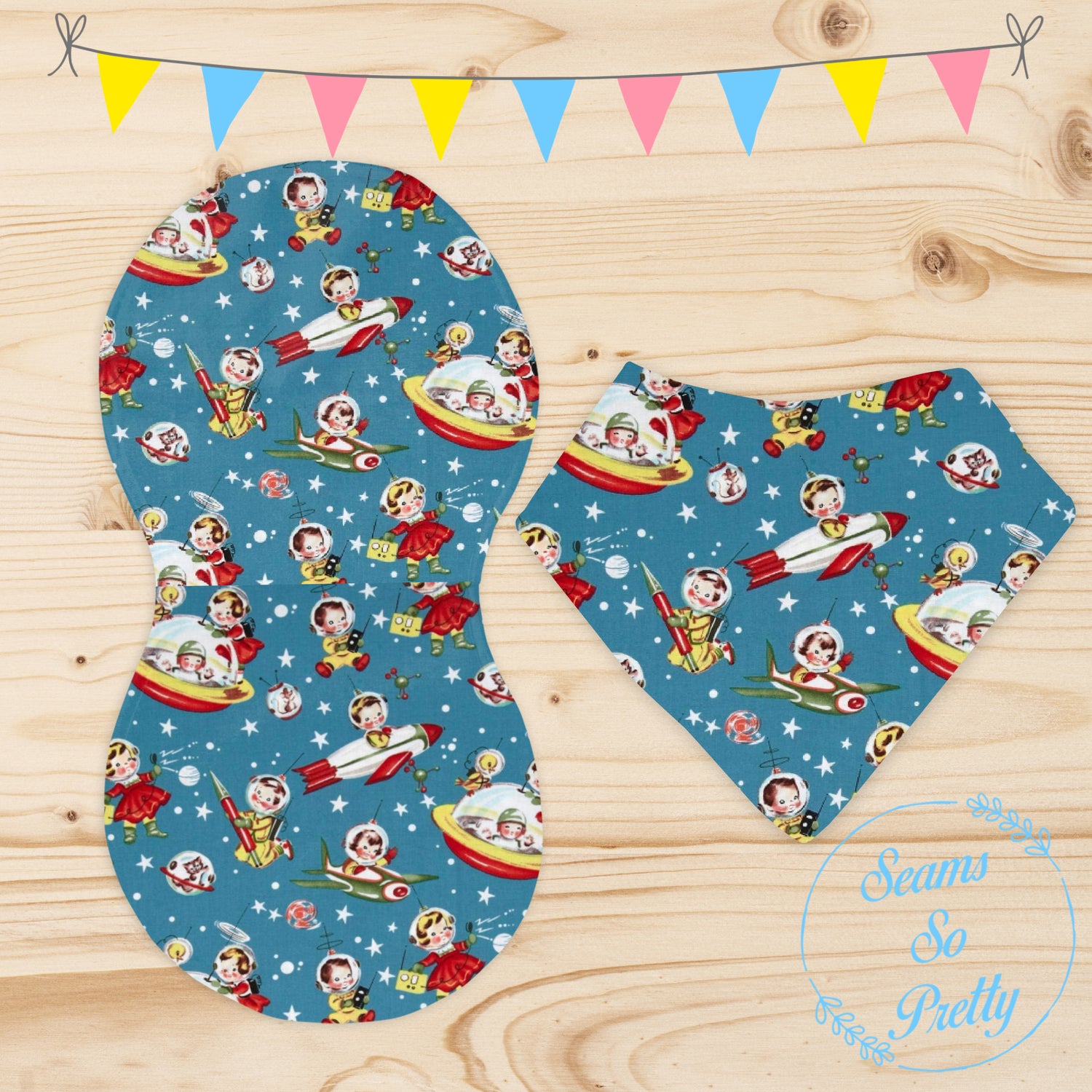 Vintage retro rocket drool bib with peanut-shaped burp cloth gift set

