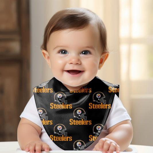 Baby wearing Steelers Black and Gold Drool Bib 