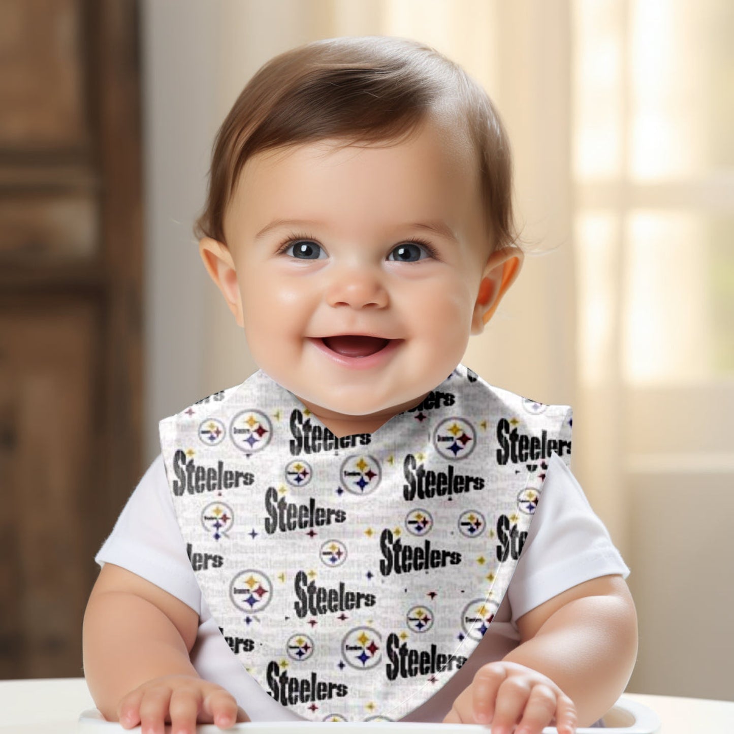 Smiling Baby wearing White Steelers Drool Bib