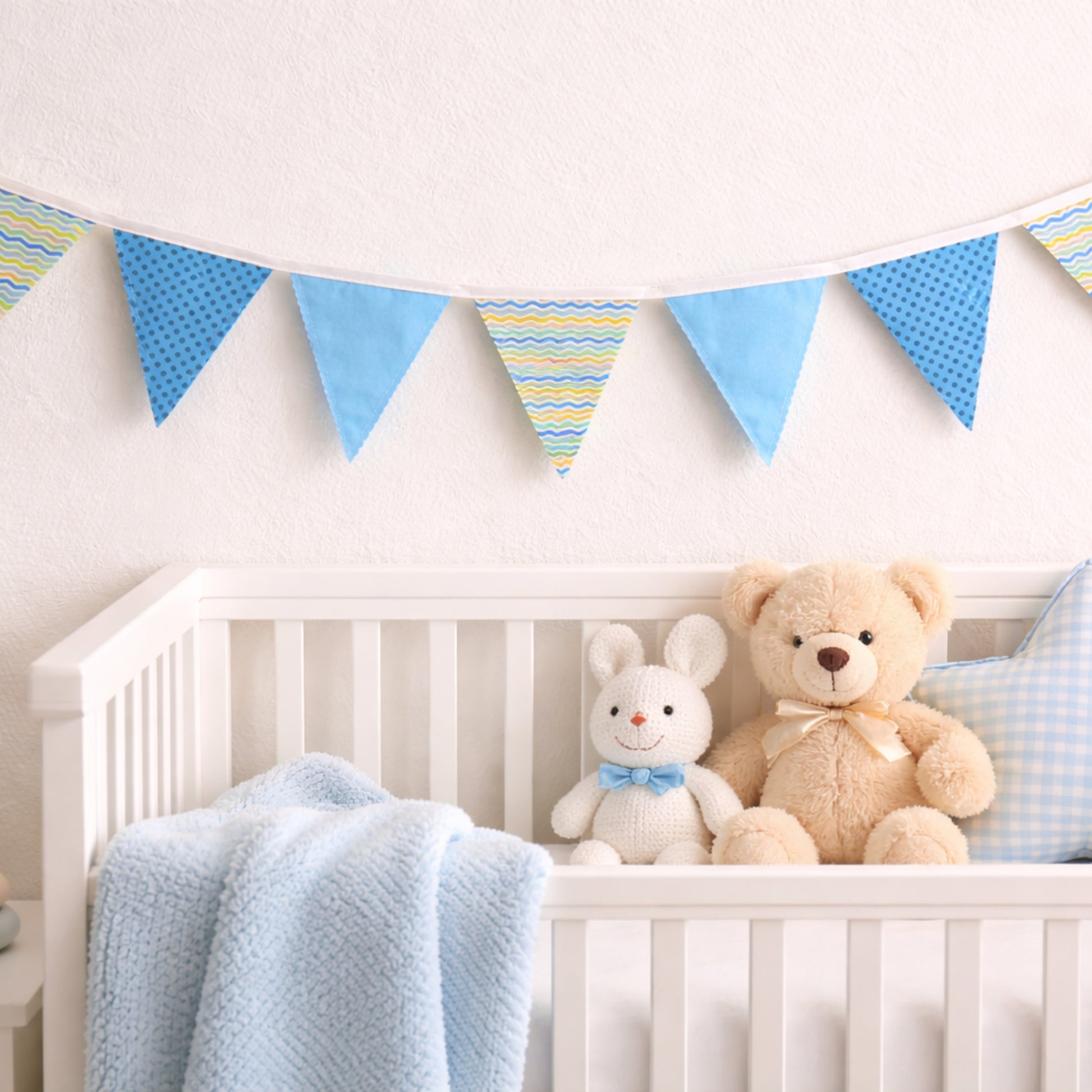 Blue fabric bunting banner hanging above crib in baby nursery with teddy bear and soft toys