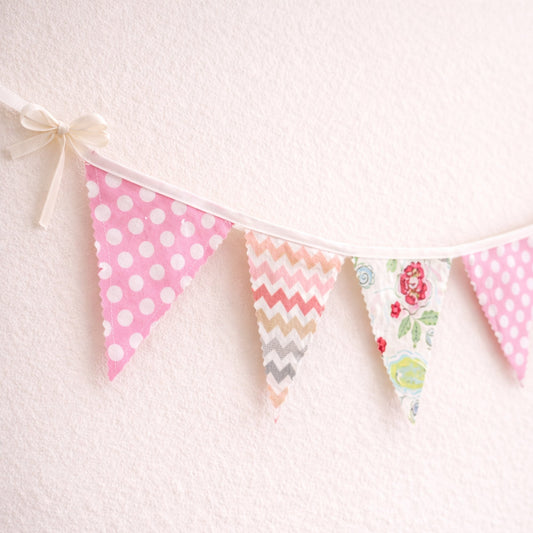 Blush floral and chevron fabric bunting flag banner with scalloped zig zag edges and cream bias binding bows – medium size nursery wall decor