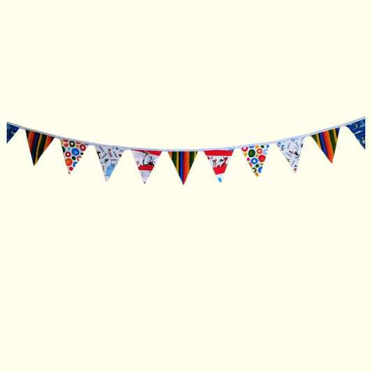 Colorful bunting flags on a white background