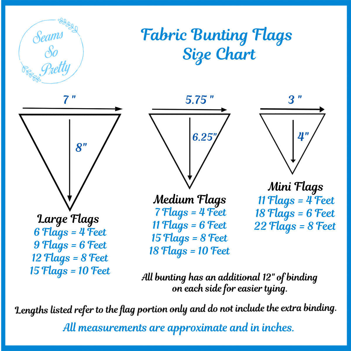 Fabric bunting flag size chart showing mini, medium, and large triangle flag dimensions with flag counts and total banner lengths