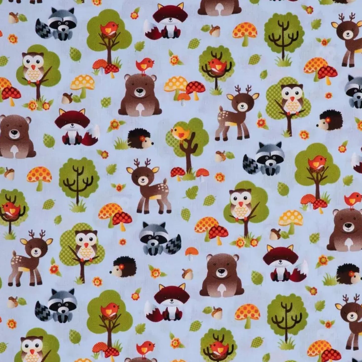Pattern of cartoon forest animals on a light blue background