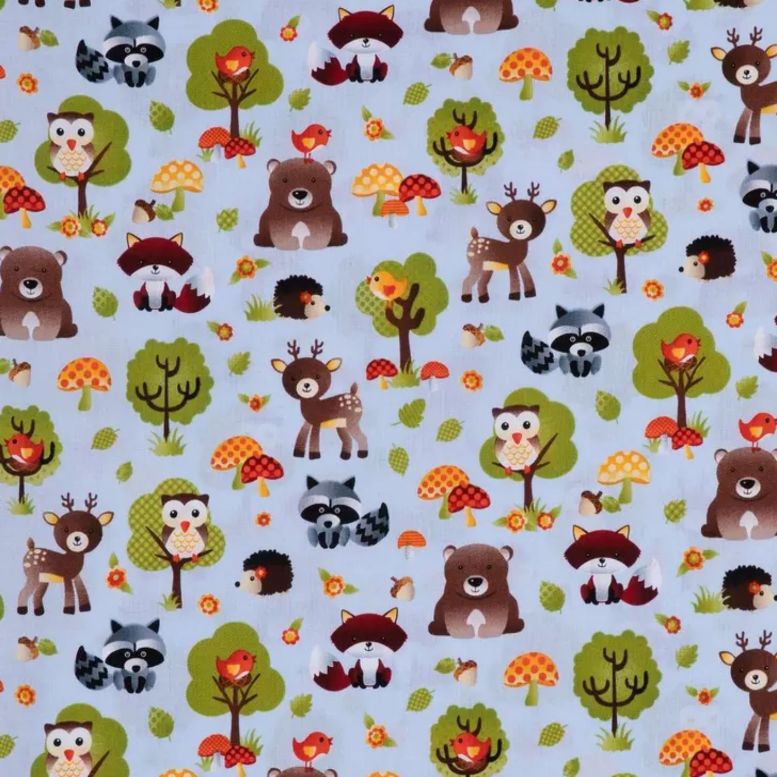 Pattern of cartoon forest animals on a light blue background