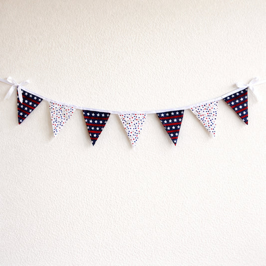 Handmade patriotic bunting banner with seven fabric flags red white and blue stars wall decor for Fourth of July