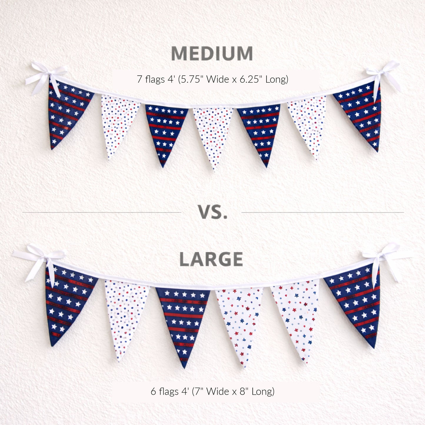 Size comparison of patriotic fabric bunting banners showing medium with seven flags and large with six larger flags