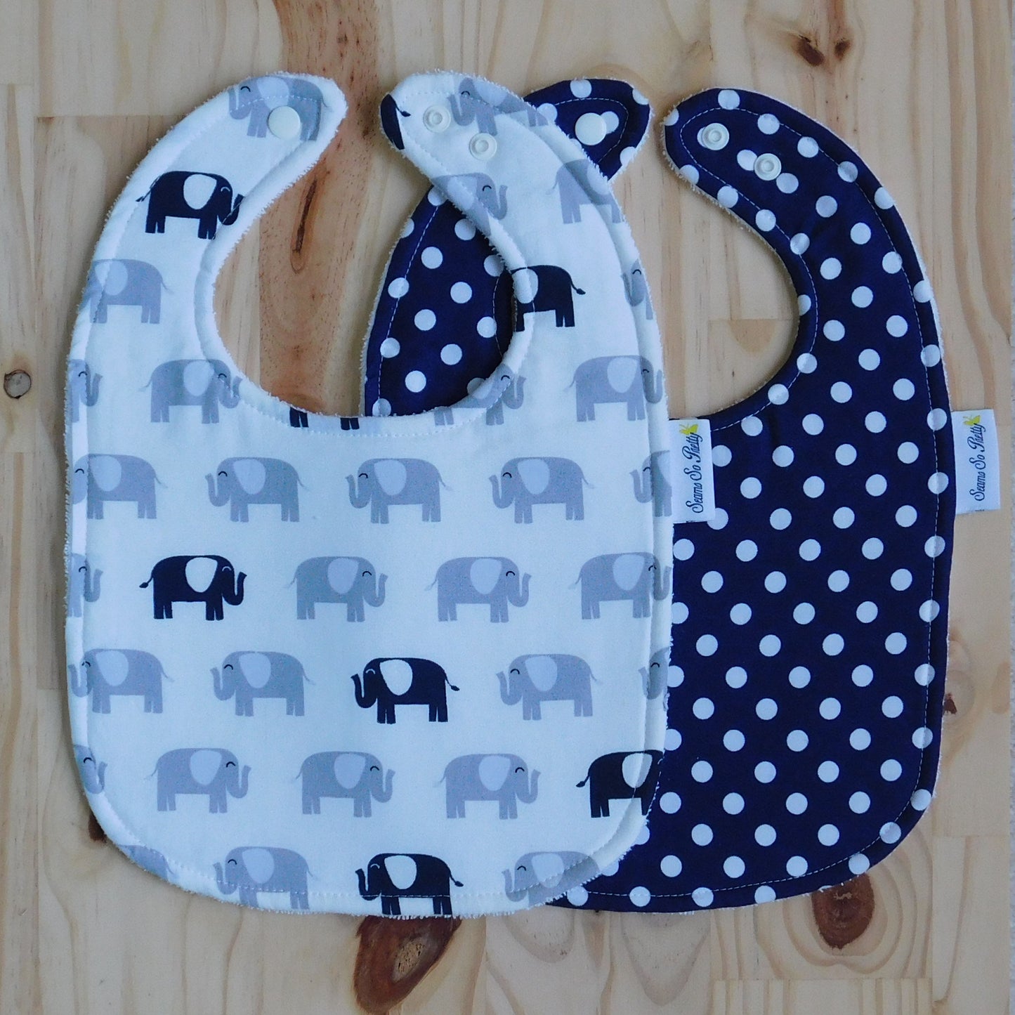 Navy and Gray Elephants and Navy Polka Dot Bib Set Unsnapped