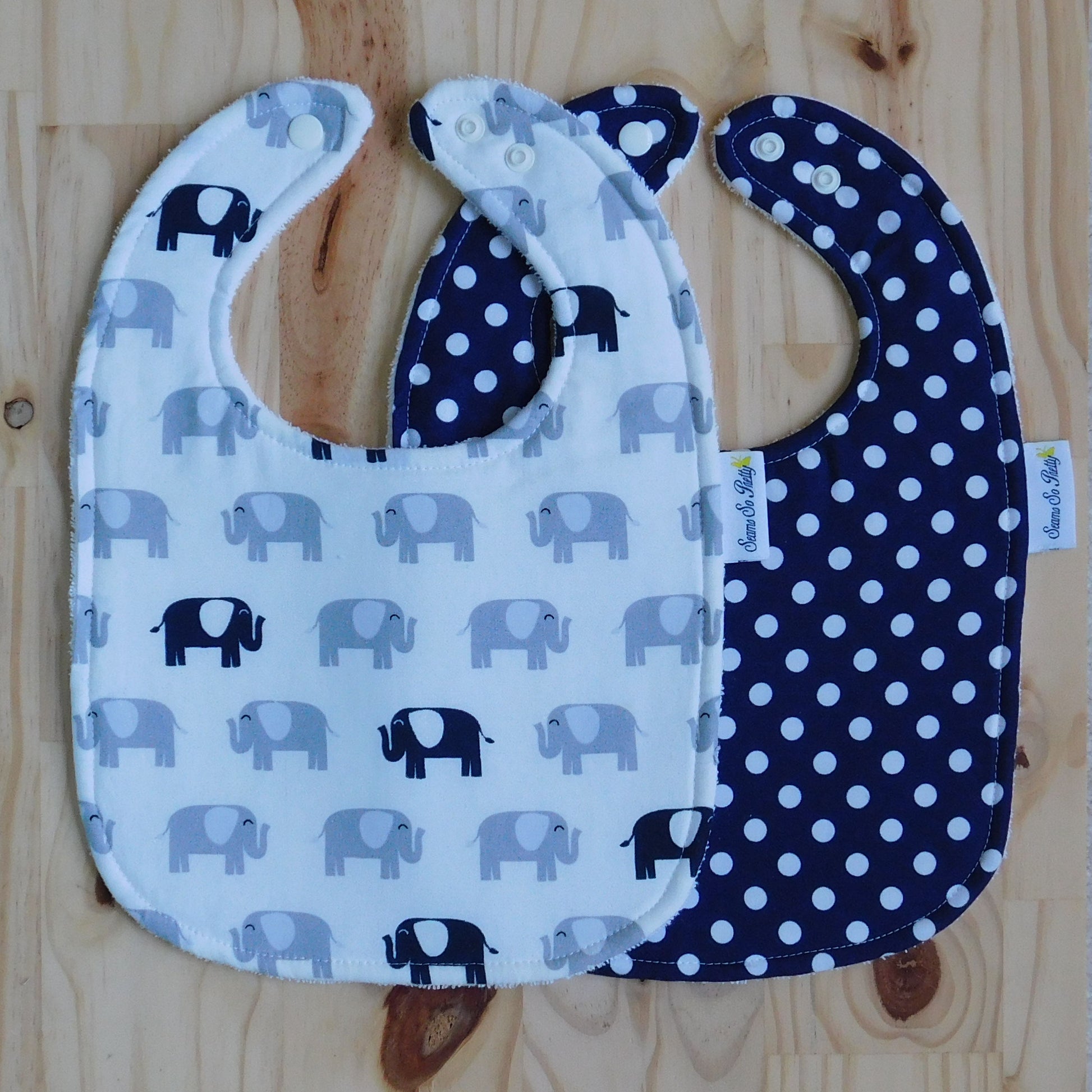 Navy and Gray Elephants and Navy Polka Dot Bib Set Unsnapped
