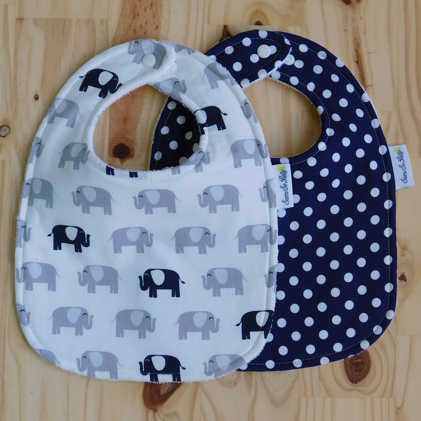 Navy and Gray Elephants and Navy Polka Dot Bib Set