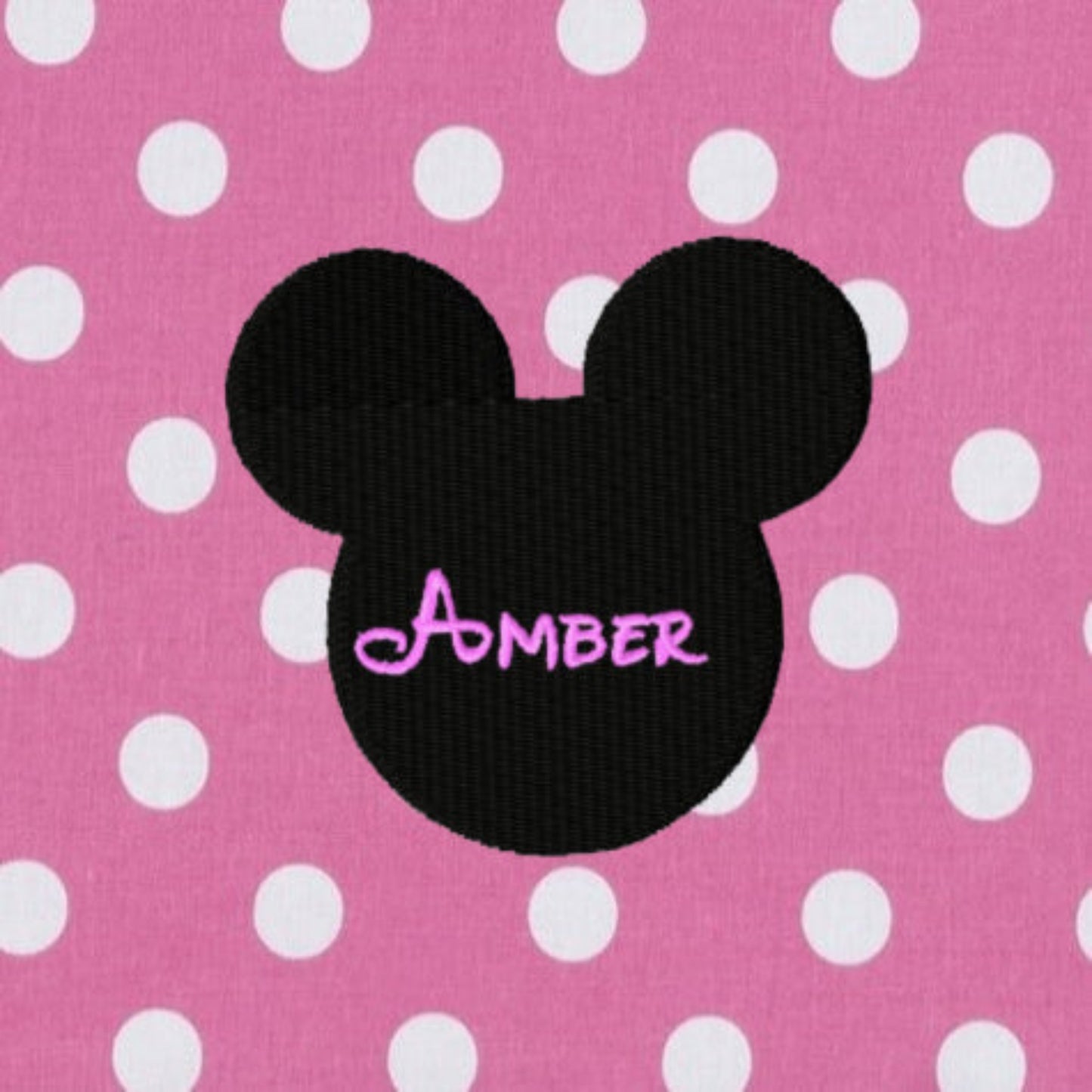Pink Fabric with White Dots Mickey Applique and Name Example
