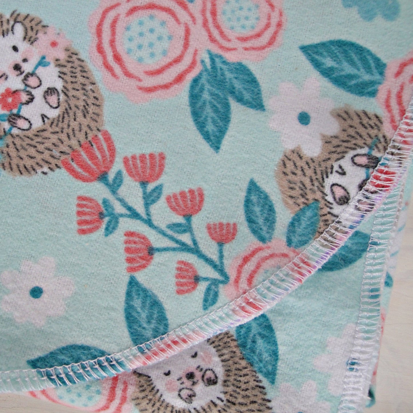 Baby Hedgehog Floral Flannel Receiving Blanket Rounded Corner Up Close