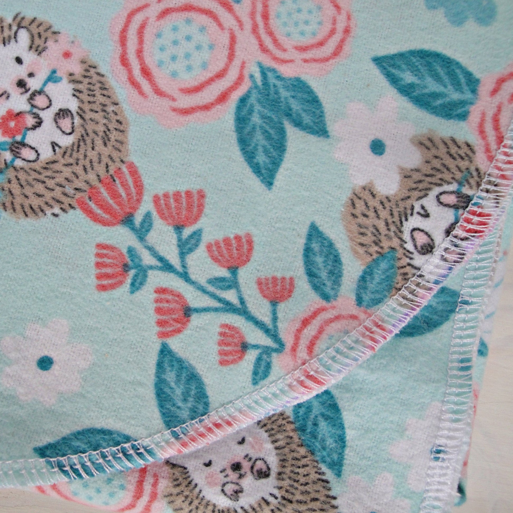 Baby Hedgehog Floral Flannel Receiving Blanket Rounded Corner Up Close