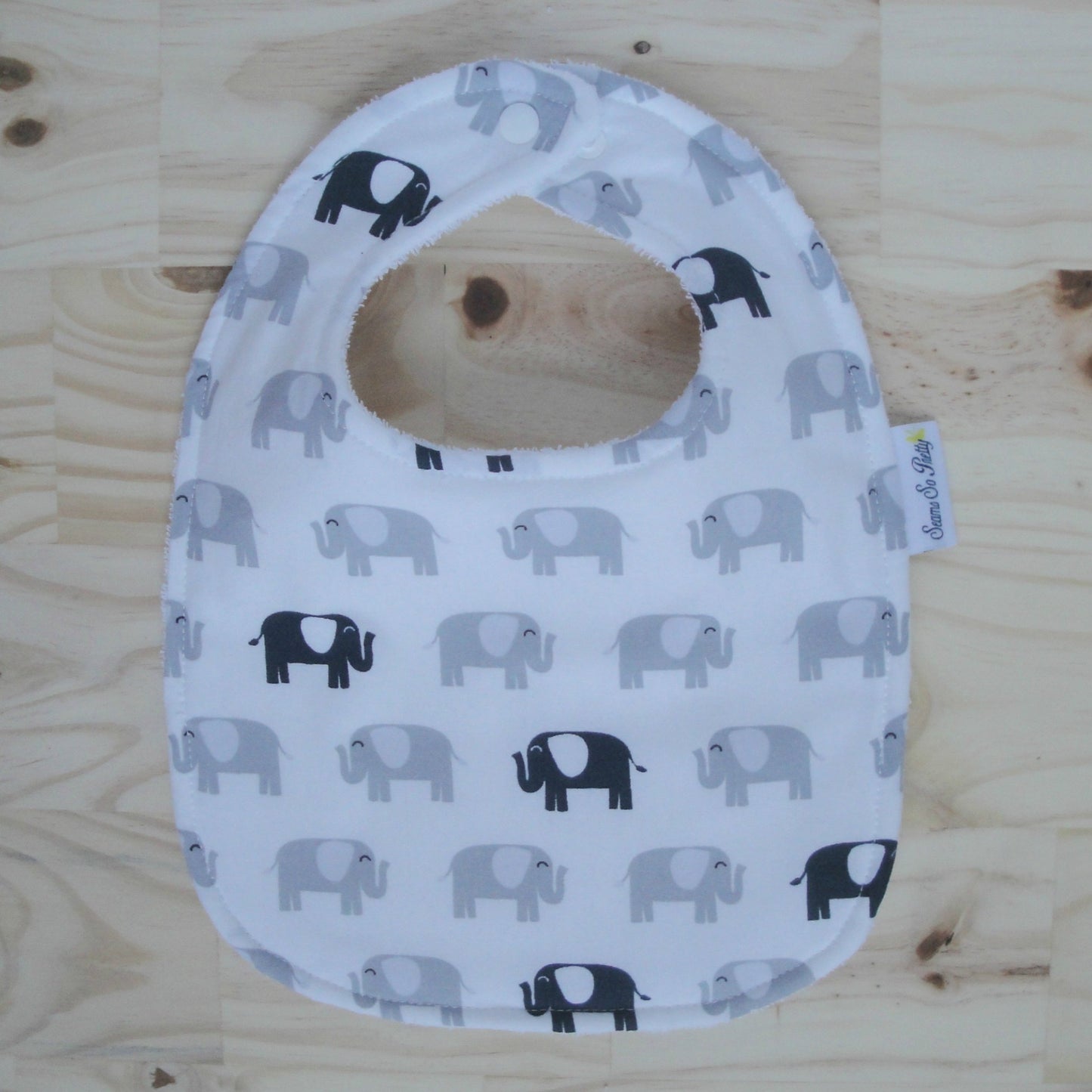Baby Elephants Navy and Gray Bib Front