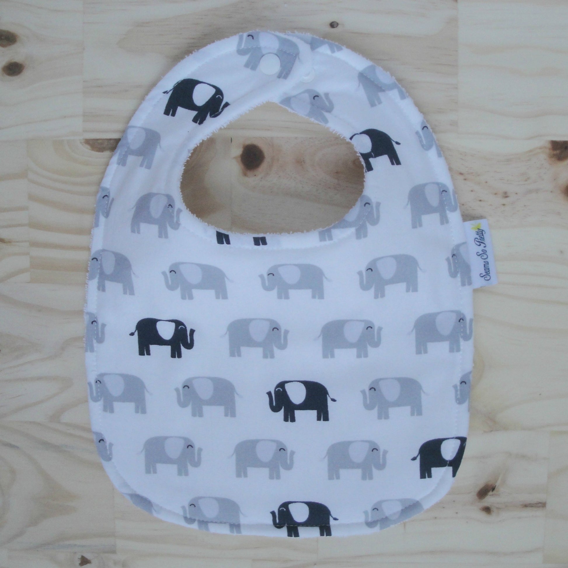 Baby Elephants Navy and Gray Bib Front