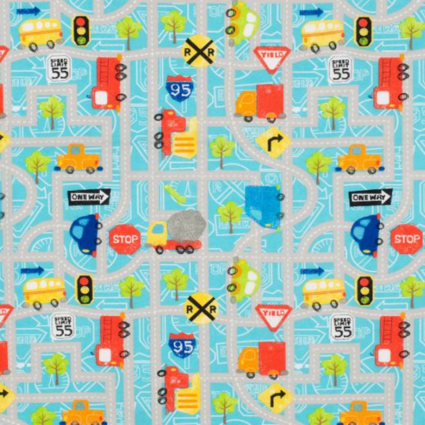 Cars, trucks and Road Signs flannel fabric swatch