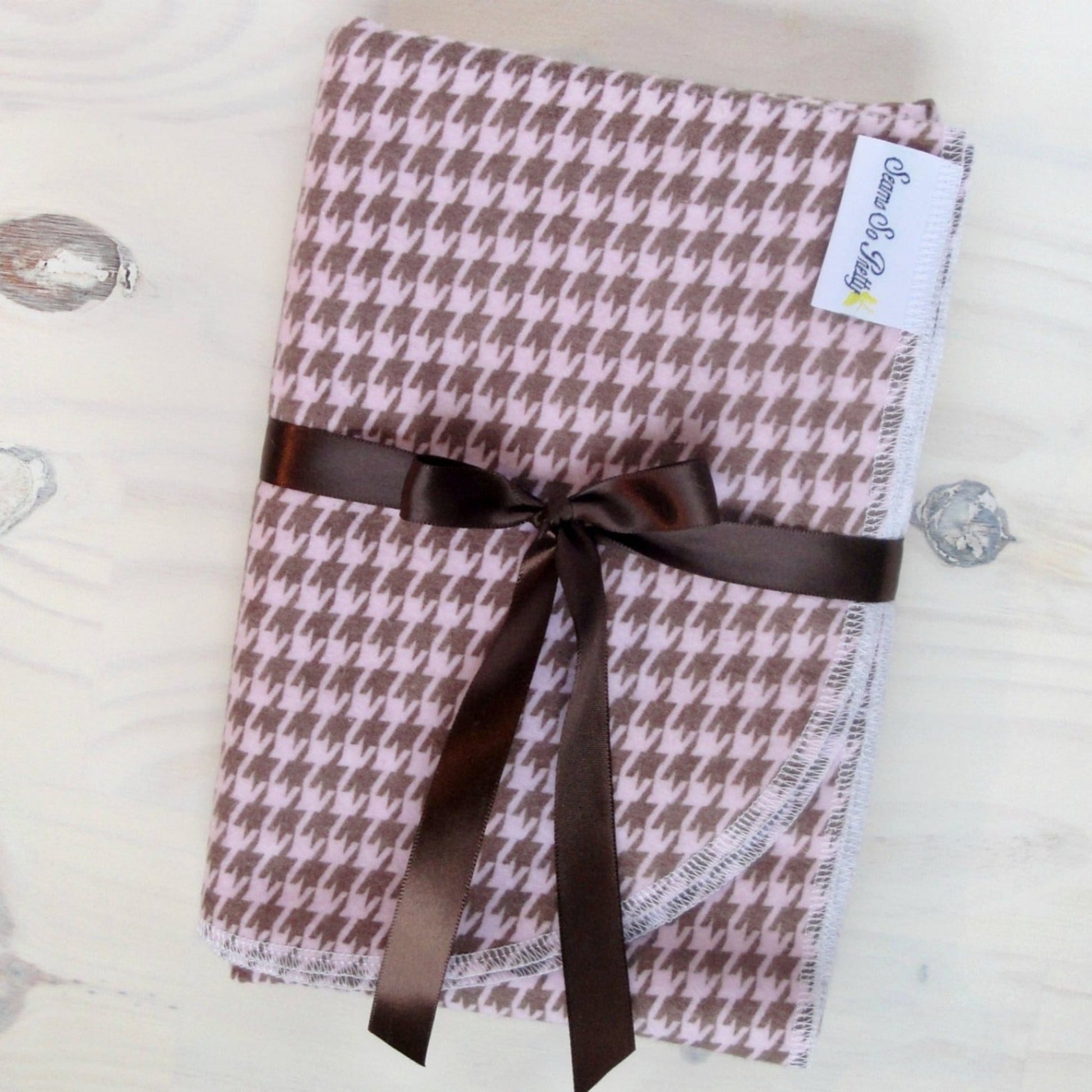 Pink and Brown Houndstooth Check Flannel Receiving Blanket