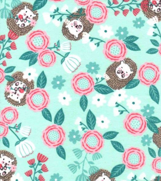 Brown Baby Hedgehog with Coral Floral and Mint Background Fabric Swatch
