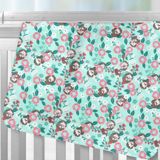 Baby Brown Hedgehog Coral Floral Mint Background Flannel Receiving Blanket