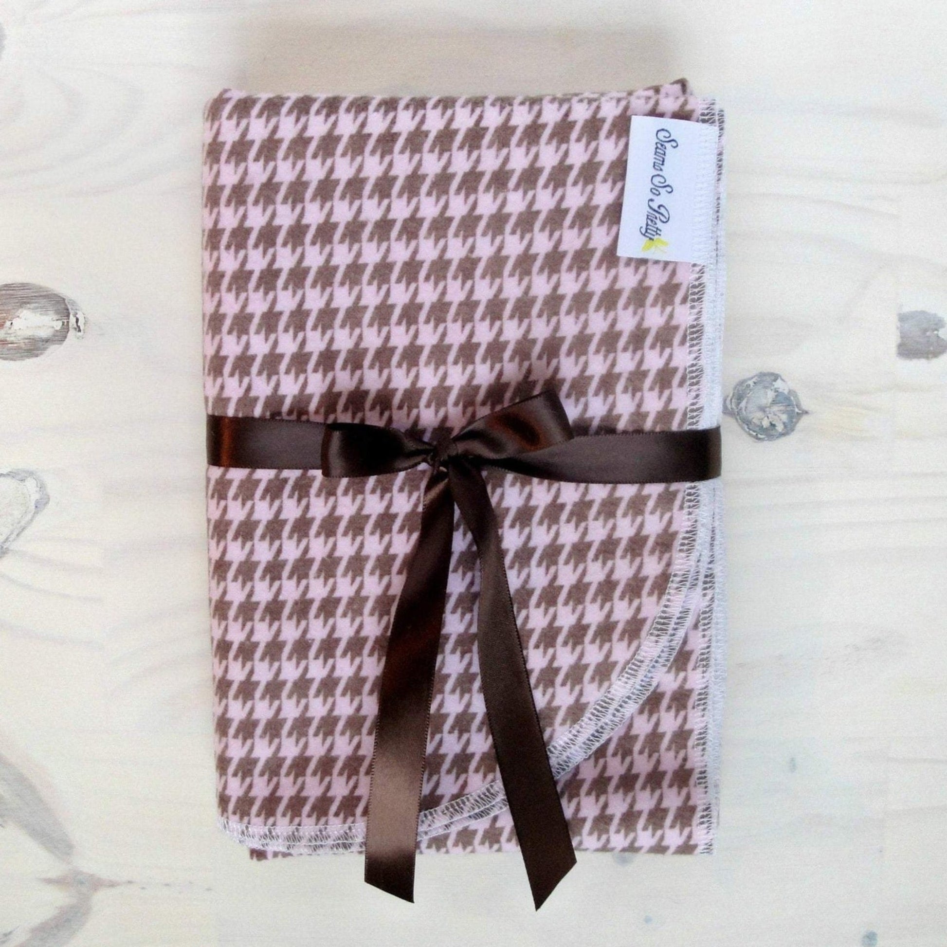 Pink and Brown Houndstooth Check Flannel Receiving Blanket