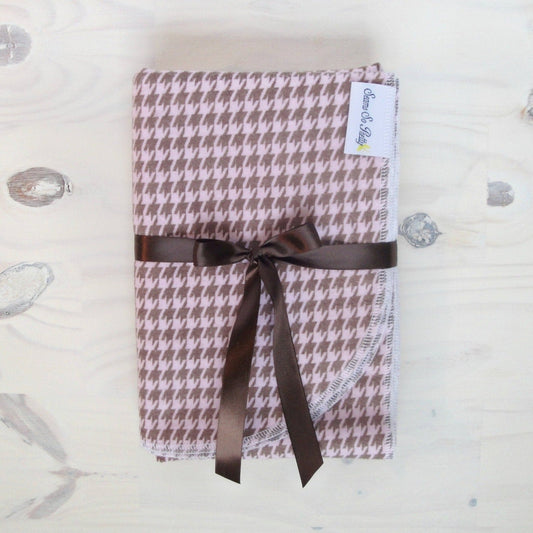 Pink and Brown Houndstooth Check Flannel Receiving Blanket