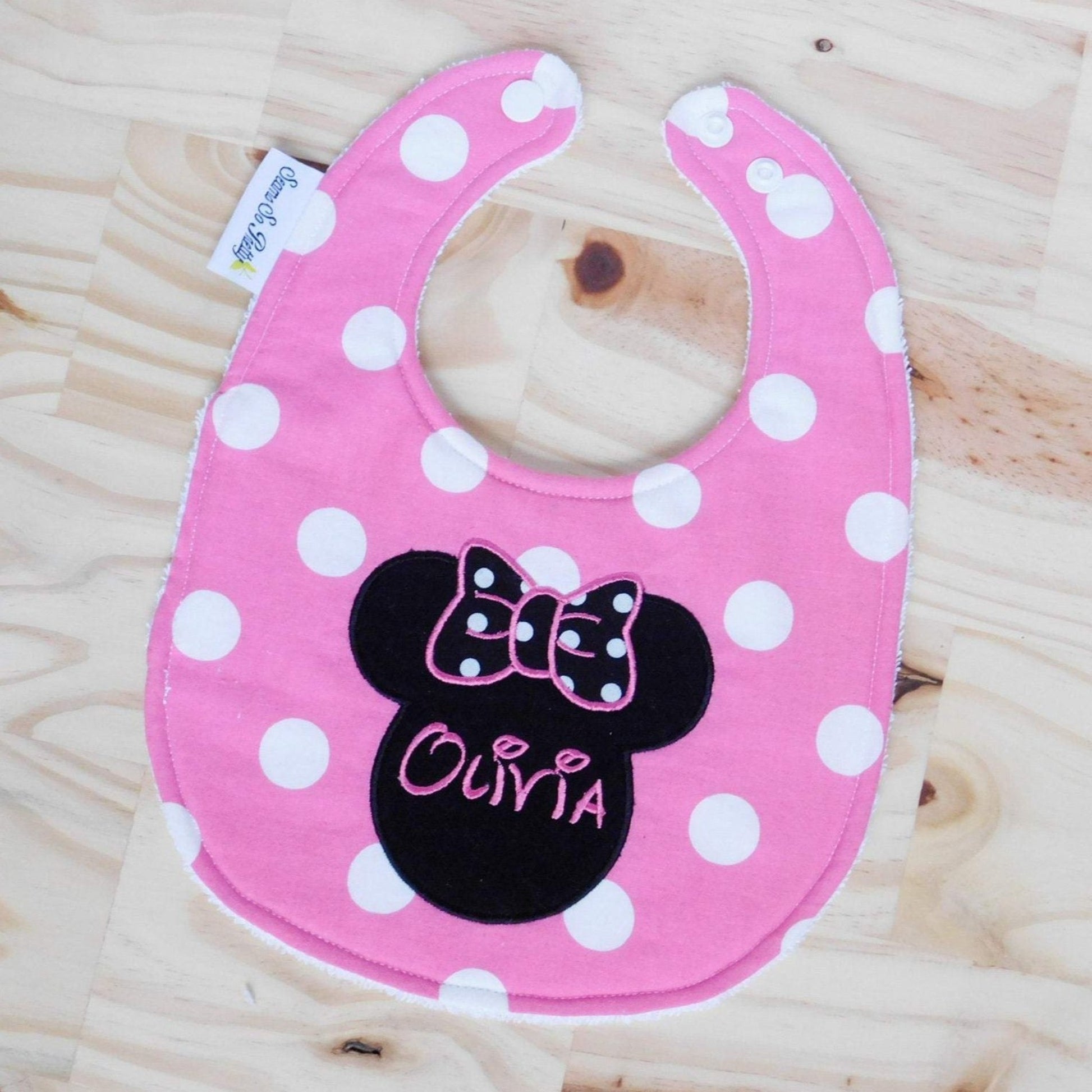 Minnie Mouse Pink Personalized Bib Unsnapped