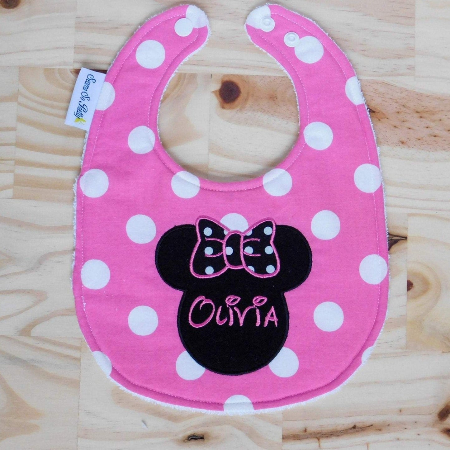 Minnie Mouse Pink Personalized Bib Unsnapped